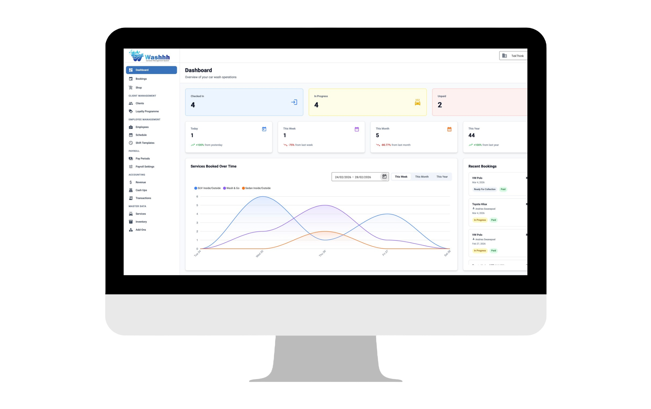 Washhh dashboard on desktop